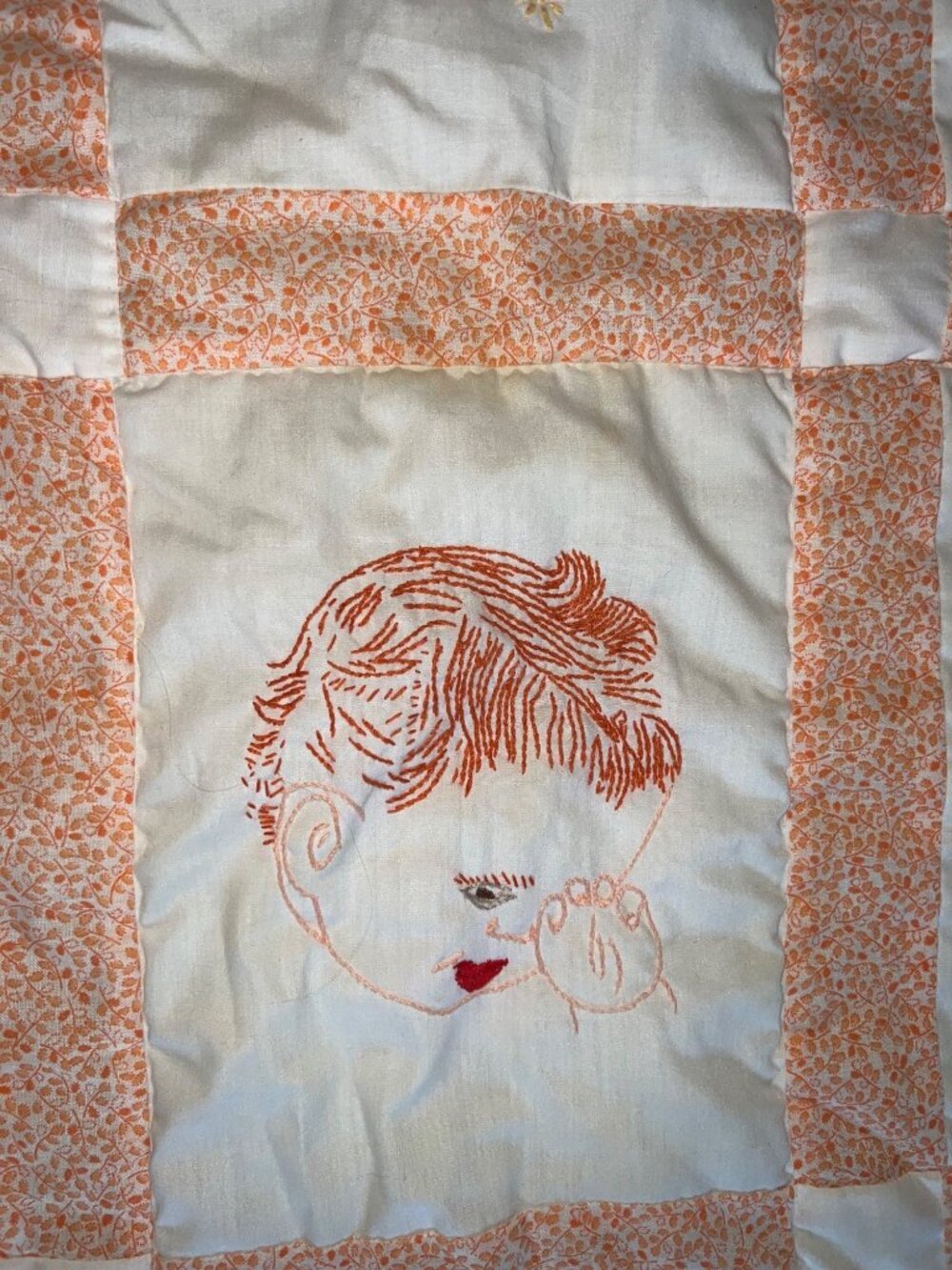 Vintage Handmade Baby Quilt Embroidered Baby Faces Orange Floral Border Unique - Picture 4 of 15